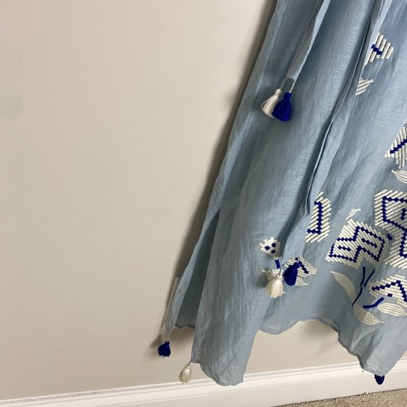 Benaras by Citrus Embroidered Boho Maxi Dress Blue Long Balloon Sleeves Belted - Picture 5 of 11